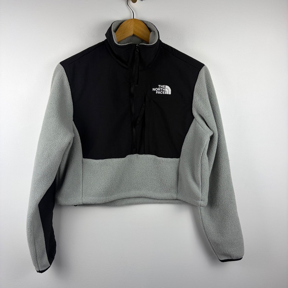 The North Face Womens Denali Cropped Fleece 1/4 Zip Grey Black NF0A5ILF Large